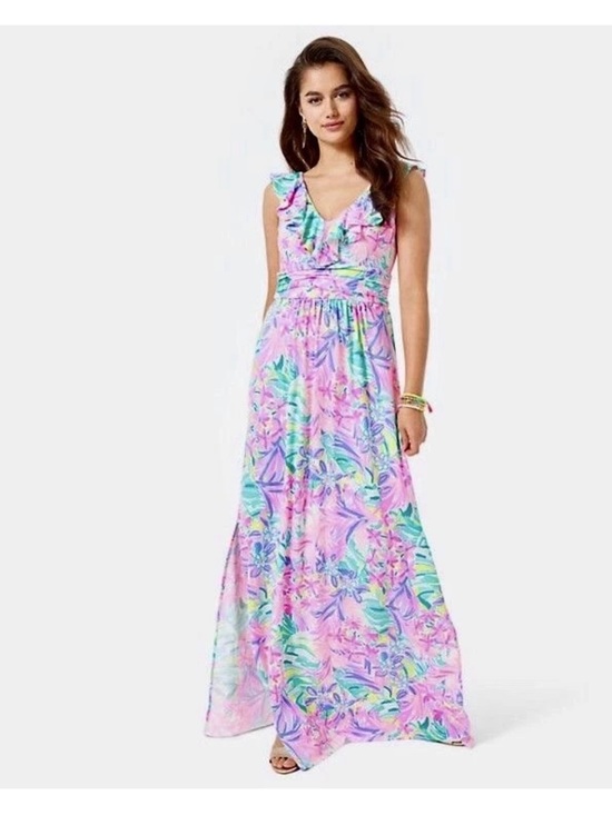 Lilly Pulitzer Dresses & Skirts - Lilly Pulitzer Mirella Maxi Ruffle V-Neck Maxi Dress - Pink Tropical